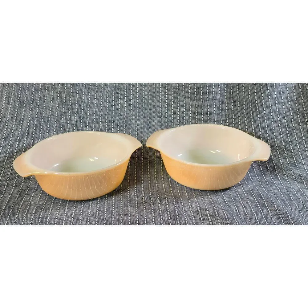 Two Fire-King Peach Luster casserole Model 472